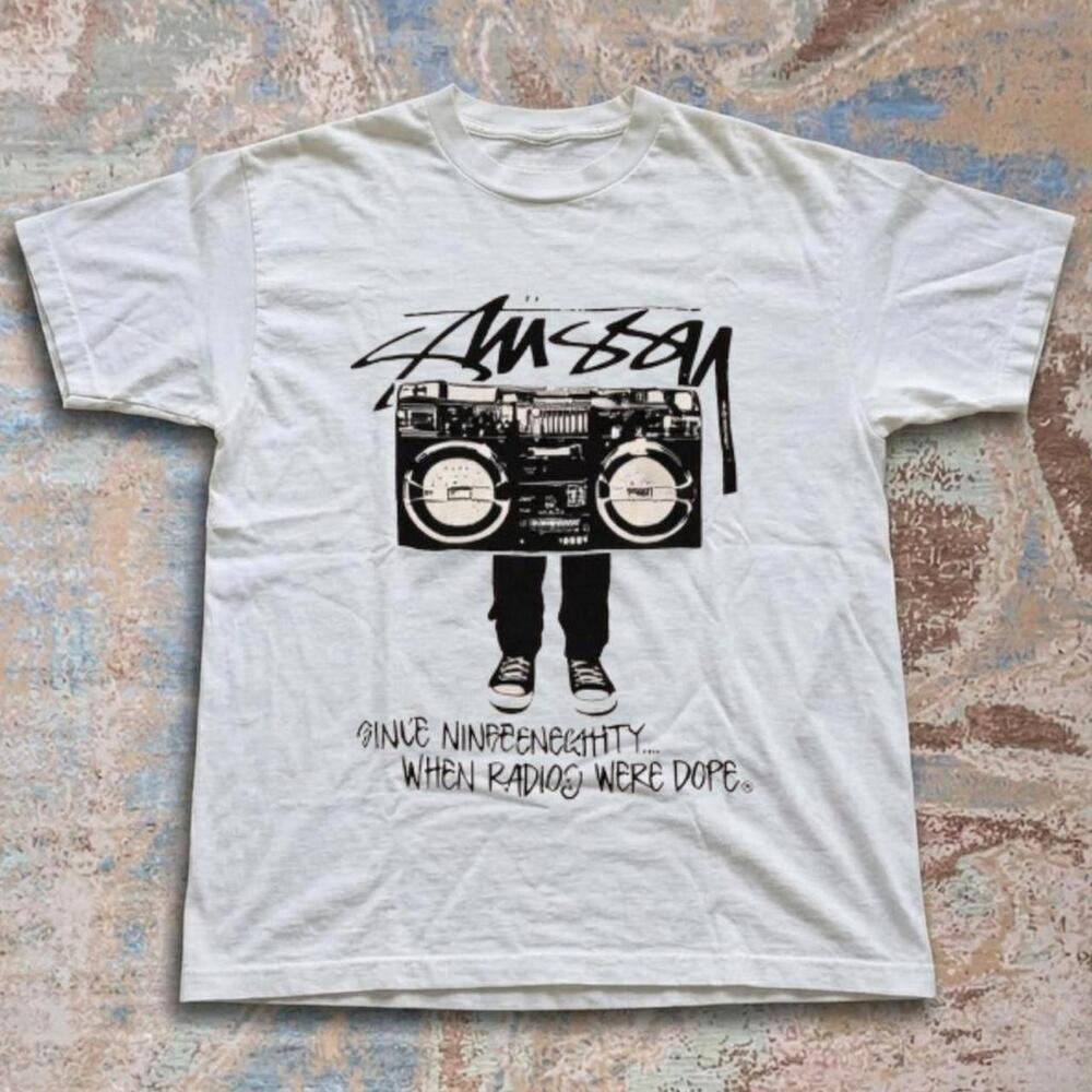 Stussy White Graphic Tee With Boombox Design